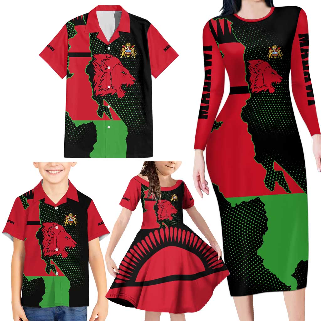 Malawi Map Shaped Lion Family Matching Long Sleeve Bodycon Dress and Hawaiian Shirt Unique Country and Wildlife Fusion Design