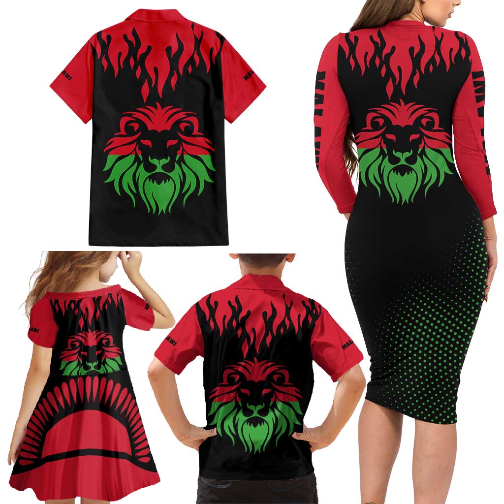 Malawi Map Shaped Lion Family Matching Long Sleeve Bodycon Dress and Hawaiian Shirt Unique Country and Wildlife Fusion Design