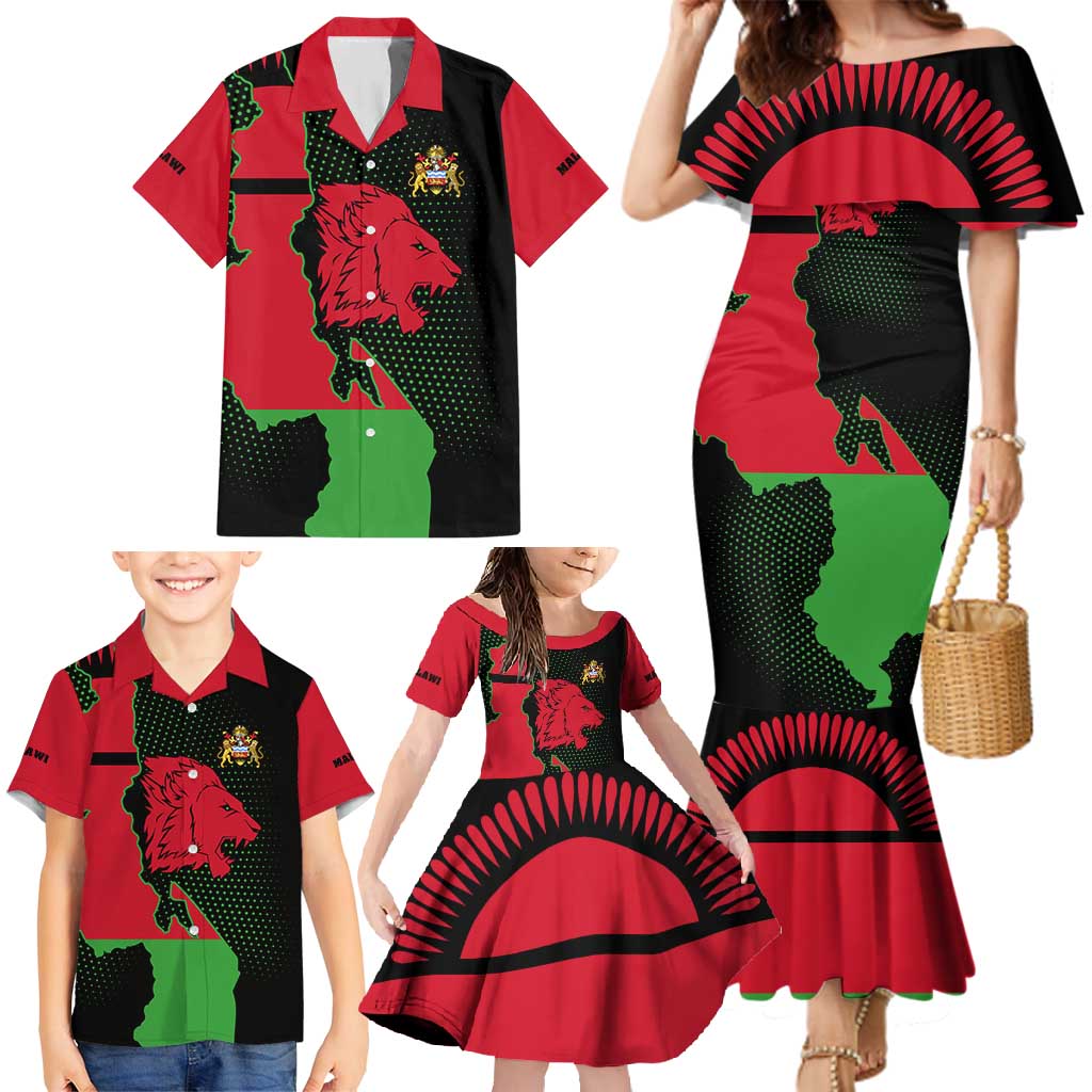 Malawi Map Shaped Lion Family Matching Mermaid Dress and Hawaiian Shirt Unique Country and Wildlife Fusion Design