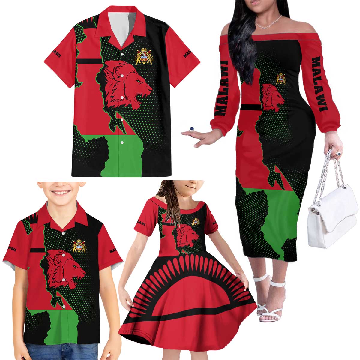Malawi Map Shaped Lion Family Matching Off The Shoulder Long Sleeve Dress and Hawaiian Shirt Unique Country and Wildlife Fusion Design