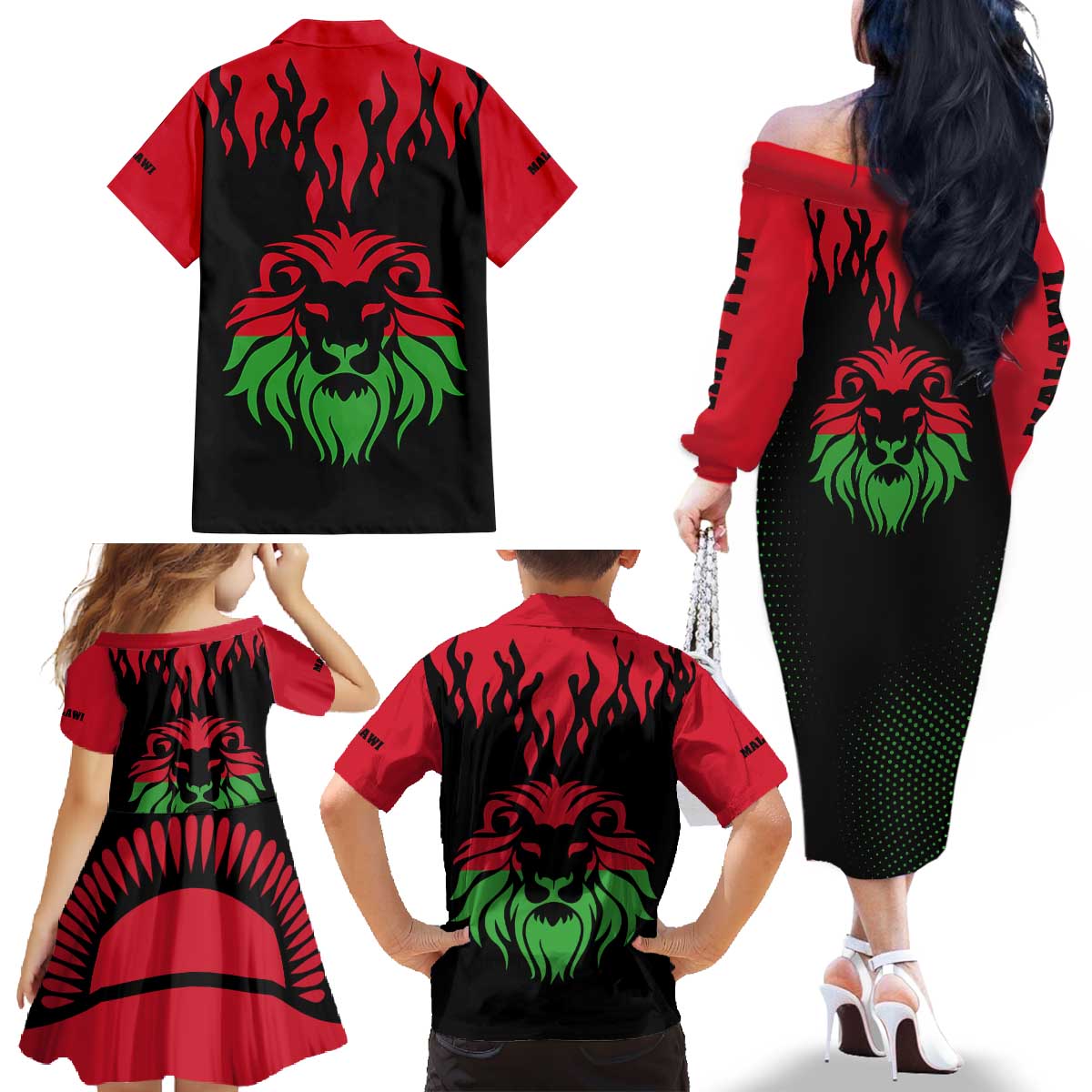Malawi Map Shaped Lion Family Matching Off The Shoulder Long Sleeve Dress and Hawaiian Shirt Unique Country and Wildlife Fusion Design