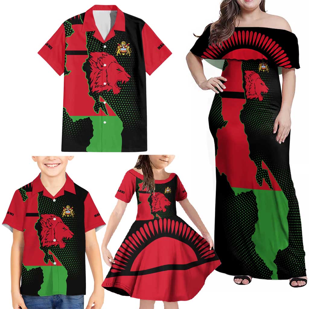 Malawi Map Shaped Lion Family Matching Off Shoulder Maxi Dress and Hawaiian Shirt Unique Country and Wildlife Fusion Design