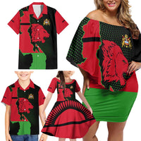 Malawi Map Shaped Lion Family Matching Off Shoulder Short Dress and Hawaiian Shirt Unique Country and Wildlife Fusion Design