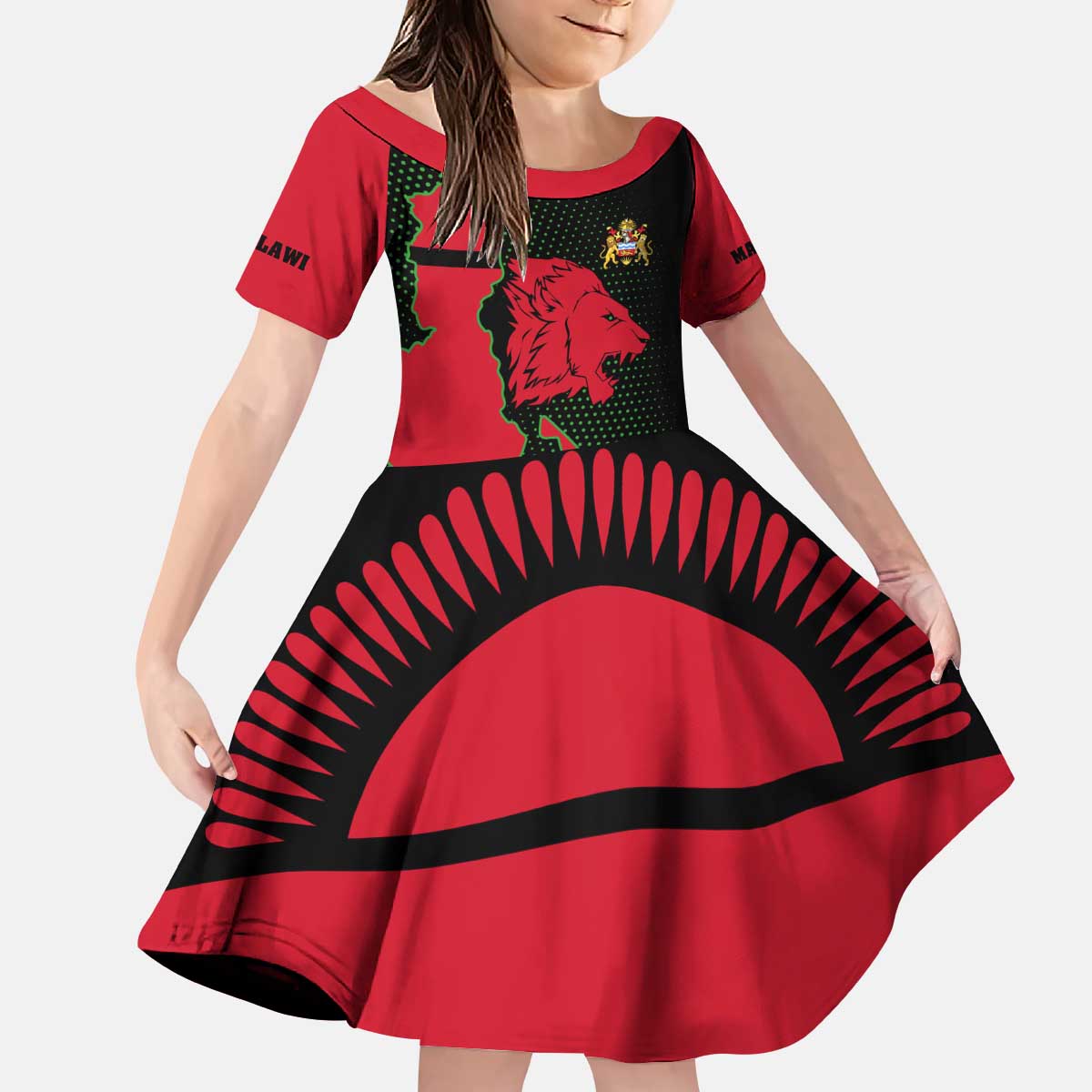 Malawi Map Shaped Lion Kid Short Sleeve Dress Unique Country and Wildlife Fusion Design