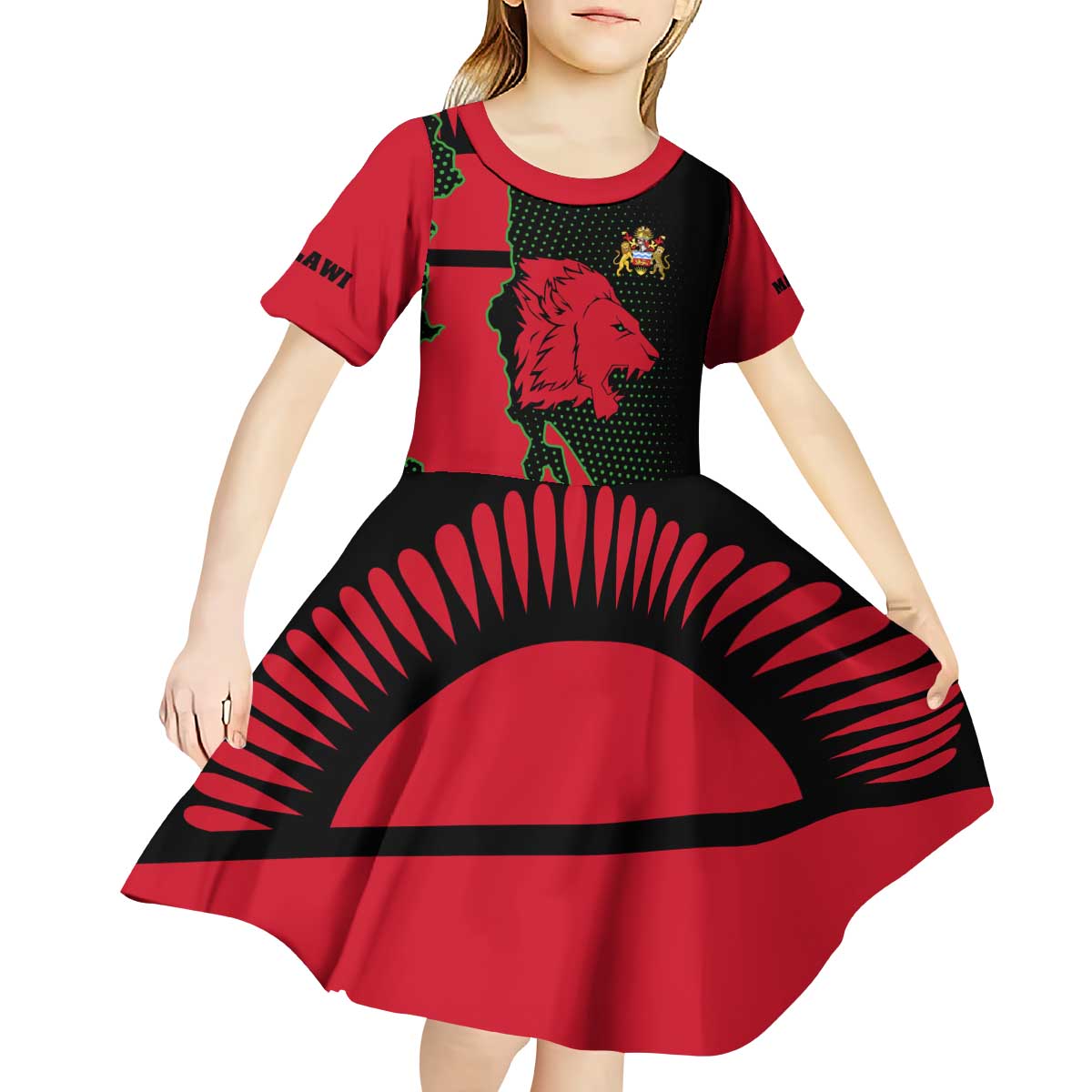 Malawi Map Shaped Lion Kid Short Sleeve Dress Unique Country and Wildlife Fusion Design