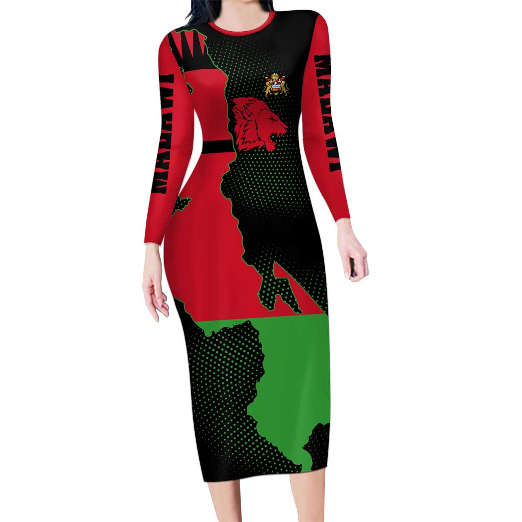 Malawi Map Shaped Lion Long Sleeve Bodycon Dress Unique Country and Wildlife Fusion Design