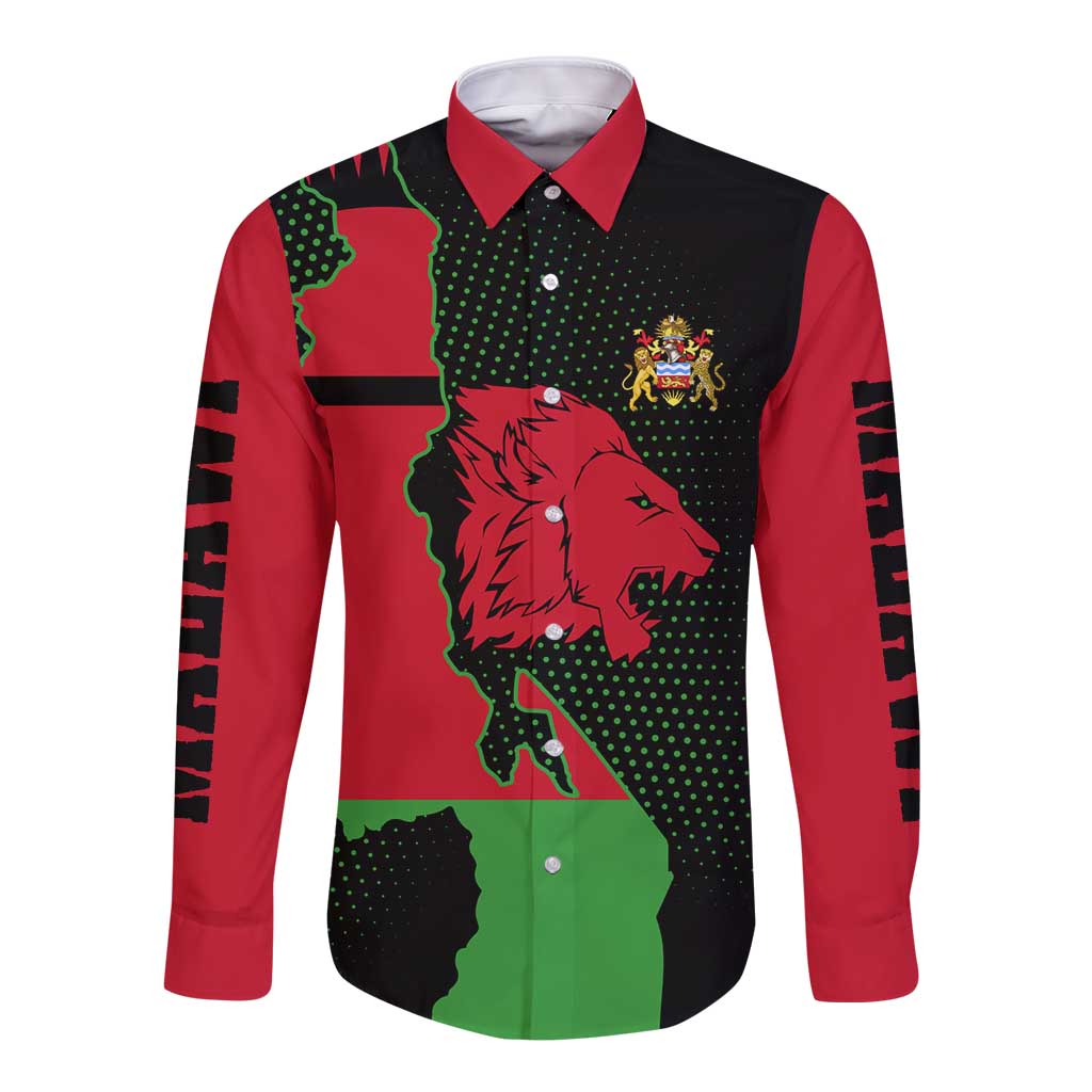 Malawi Map Shaped Lion Long Sleeve Button Shirt Unique Country and Wildlife Fusion Design