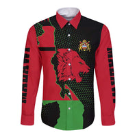 Malawi Map Shaped Lion Long Sleeve Button Shirt Unique Country and Wildlife Fusion Design