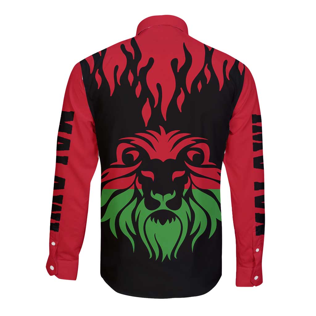 Malawi Map Shaped Lion Long Sleeve Button Shirt Unique Country and Wildlife Fusion Design