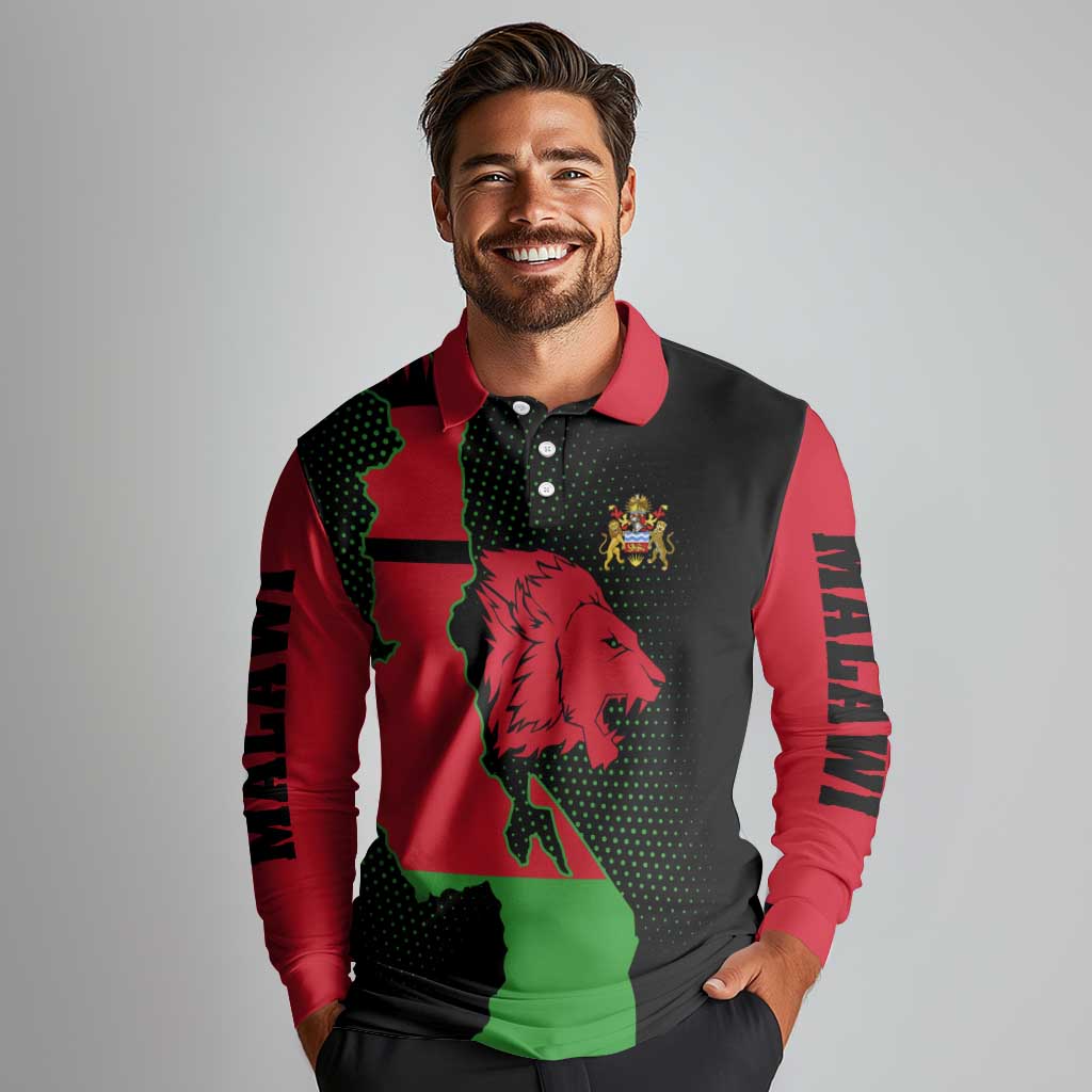 Malawi Map Shaped Lion Long Sleeve Polo Shirt Unique Country and Wildlife Fusion Design