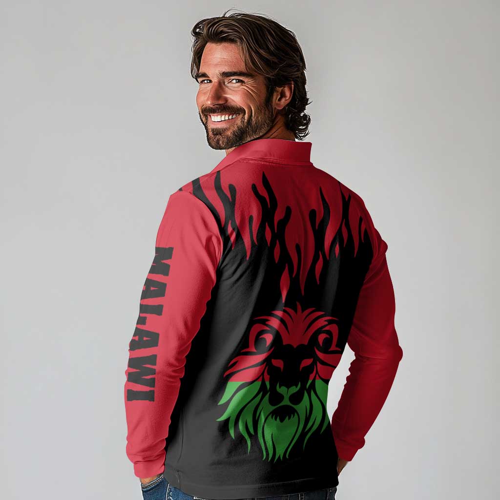 Malawi Map Shaped Lion Long Sleeve Polo Shirt Unique Country and Wildlife Fusion Design
