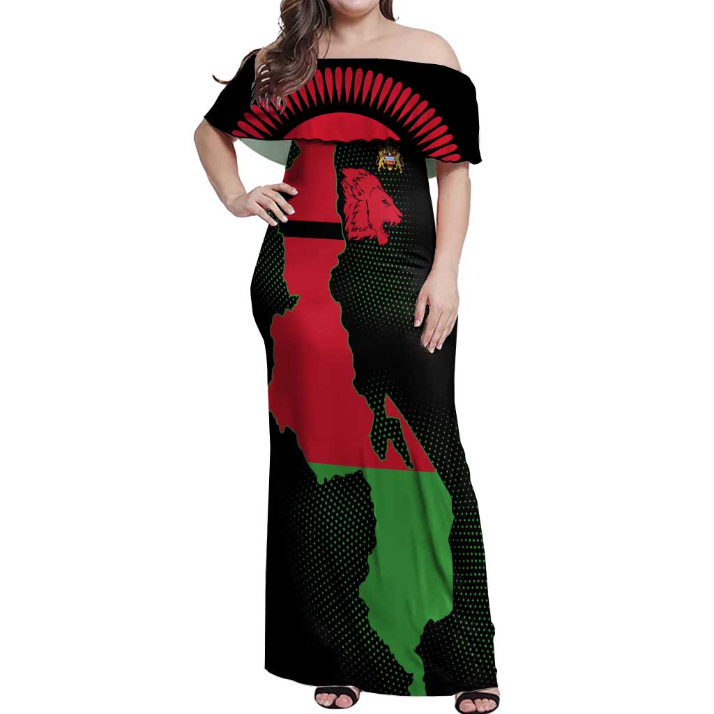 Malawi Map Shaped Lion Off Shoulder Maxi Dress Unique Country and Wildlife Fusion Design