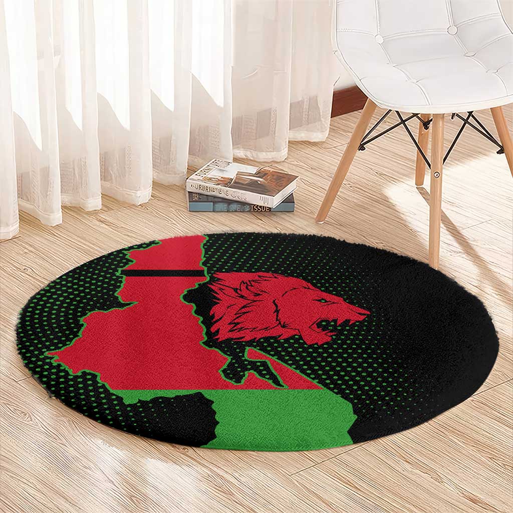 Malawi Map Shaped Lion Round Carpet Unique Country and Wildlife Fusion Design