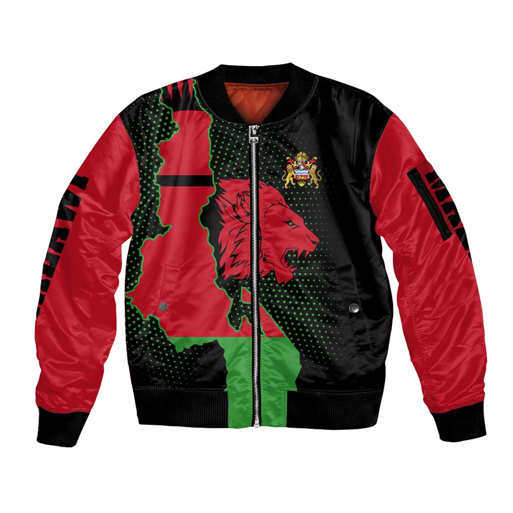 Malawi Map Shaped Lion Sleeve Zip Bomber Jacket Unique Country and Wildlife Fusion Design