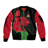 Malawi Map Shaped Lion Sleeve Zip Bomber Jacket Unique Country and Wildlife Fusion Design