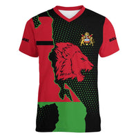 Malawi Map Shaped Lion Women V-Neck T-Shirt Unique Country and Wildlife Fusion Design