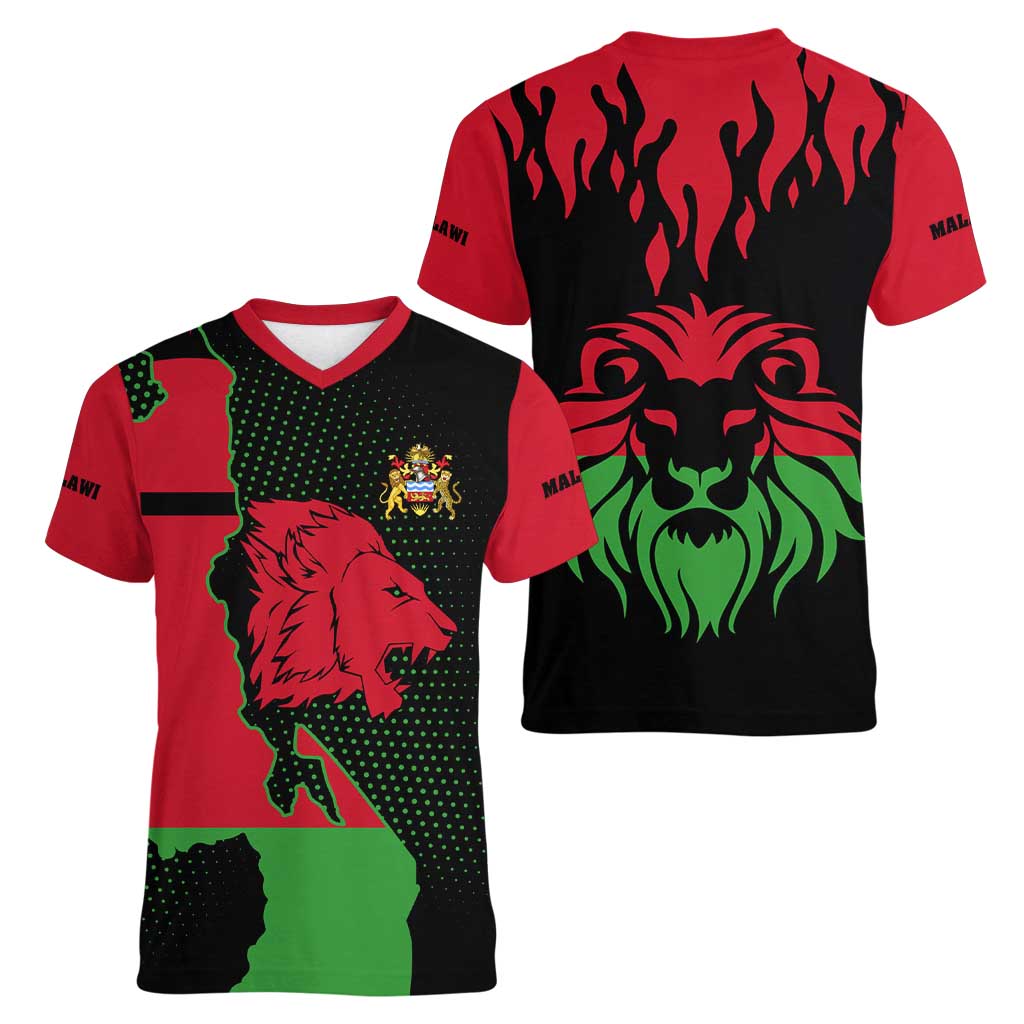 Malawi Map Shaped Lion Women V-Neck T-Shirt Unique Country and Wildlife Fusion Design