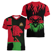 Malawi Map Shaped Lion Women V-Neck T-Shirt Unique Country and Wildlife Fusion Design