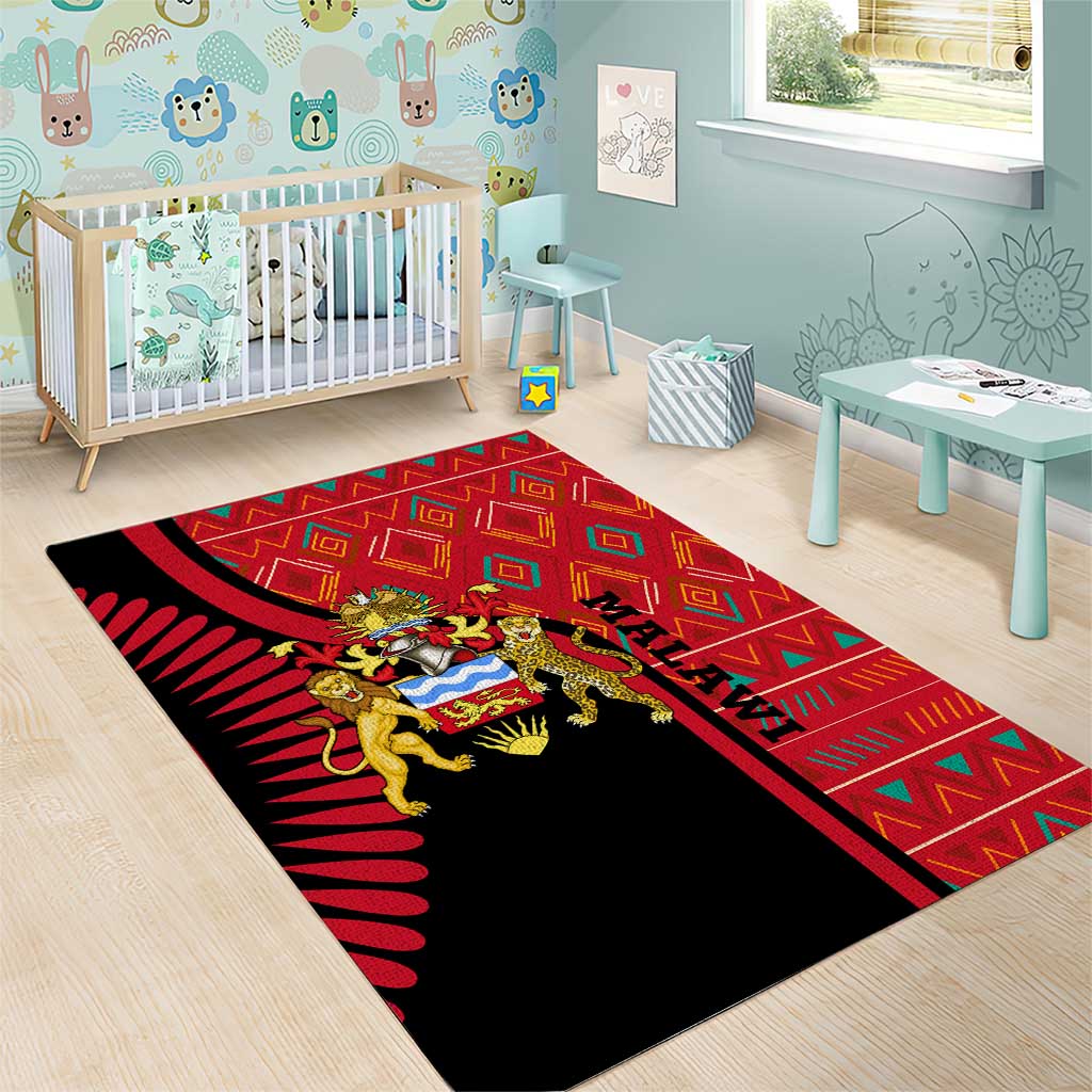 Malawi Patterns Area Rug Blended with Flag Colors & National Emblem - Cultural Fusion Design