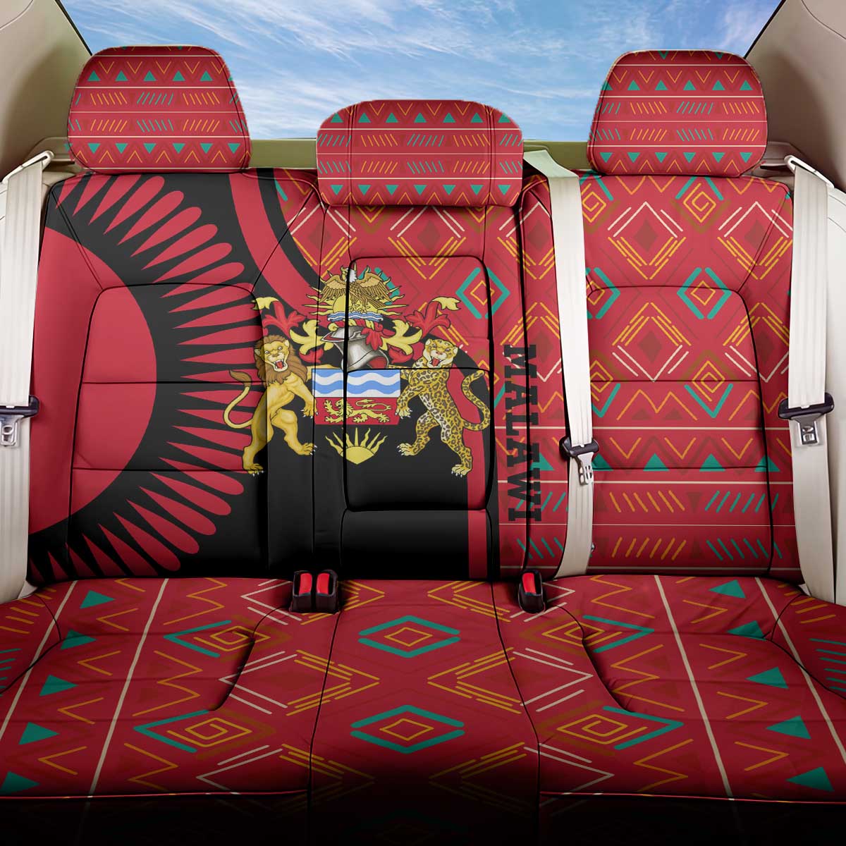 Malawi Patterns Back Car Seat Cover Blended with Flag Colors & National Emblem - Cultural Fusion Design