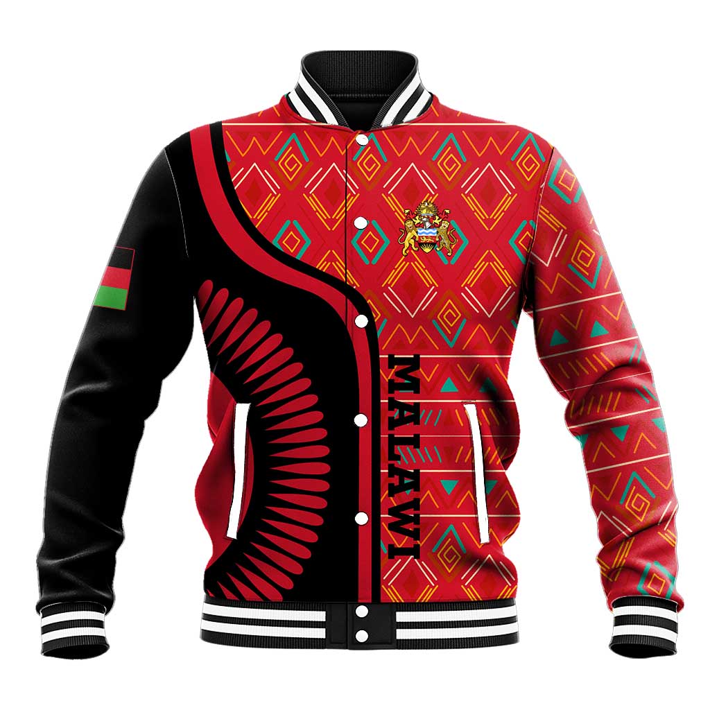 Malawi Patterns Baseball Jacket Blended with Flag Colors & National Emblem - Cultural Fusion Design