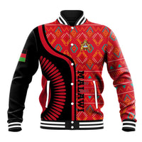 Malawi Patterns Baseball Jacket Blended with Flag Colors & National Emblem - Cultural Fusion Design