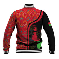 Malawi Patterns Baseball Jacket Blended with Flag Colors & National Emblem - Cultural Fusion Design