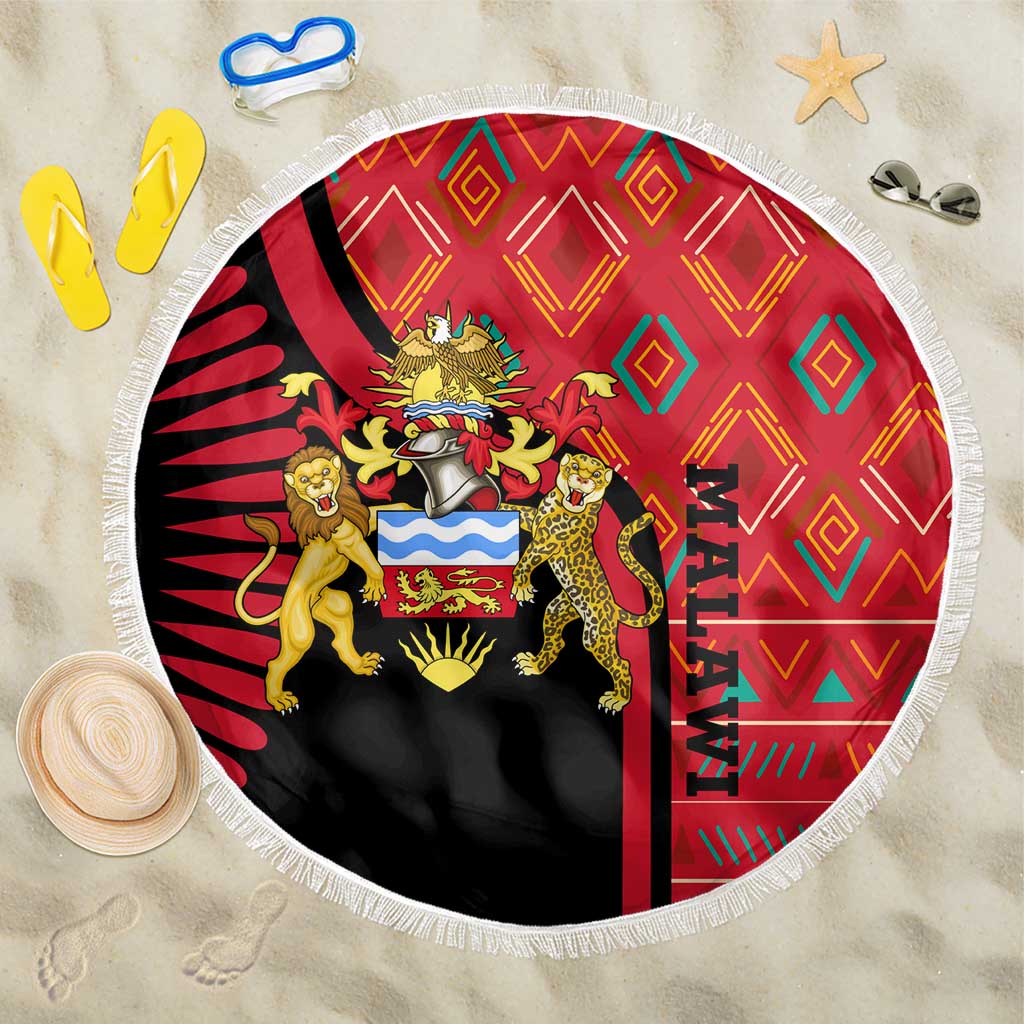 Malawi Patterns Beach Blanket Blended with Flag Colors & National Emblem - Cultural Fusion Design