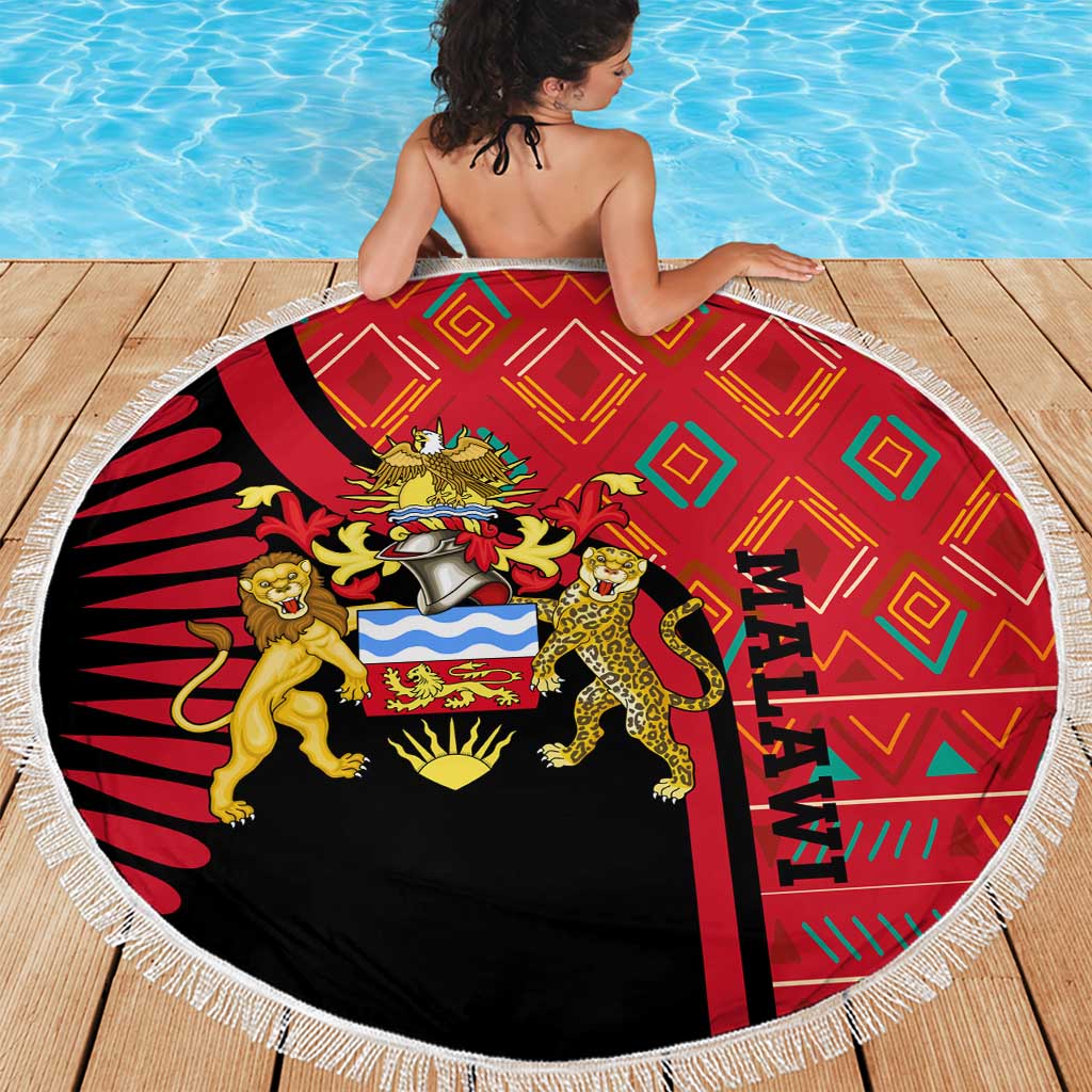 Malawi Patterns Beach Blanket Blended with Flag Colors & National Emblem - Cultural Fusion Design
