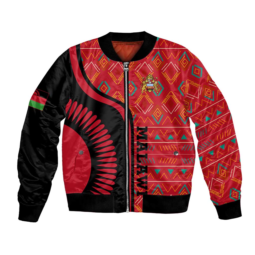 Malawi Patterns Bomber Jacket Blended with Flag Colors & National Emblem - Cultural Fusion Design
