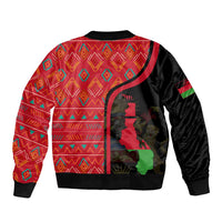Malawi Patterns Bomber Jacket Blended with Flag Colors & National Emblem - Cultural Fusion Design