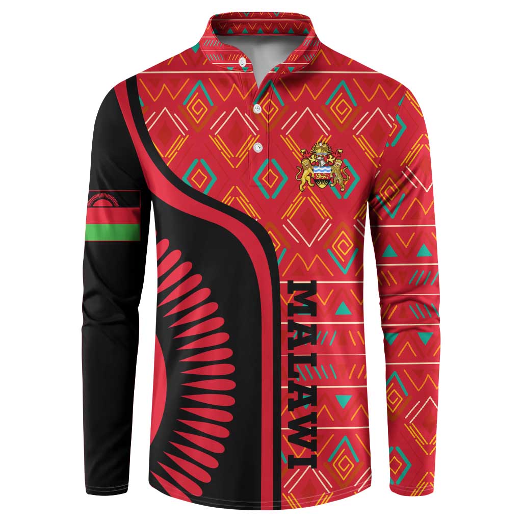 Malawi Patterns Button Sweatshirt Blended with Flag Colors & National Emblem - Cultural Fusion Design