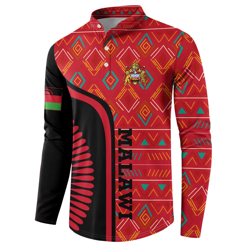 Malawi Patterns Button Sweatshirt Blended with Flag Colors & National Emblem - Cultural Fusion Design