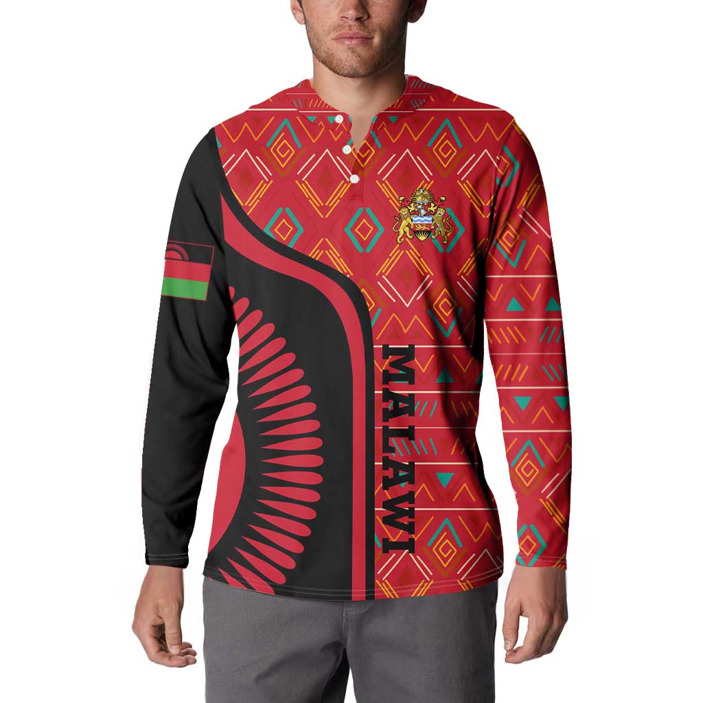 Malawi Patterns Button Sweatshirt Blended with Flag Colors & National Emblem - Cultural Fusion Design