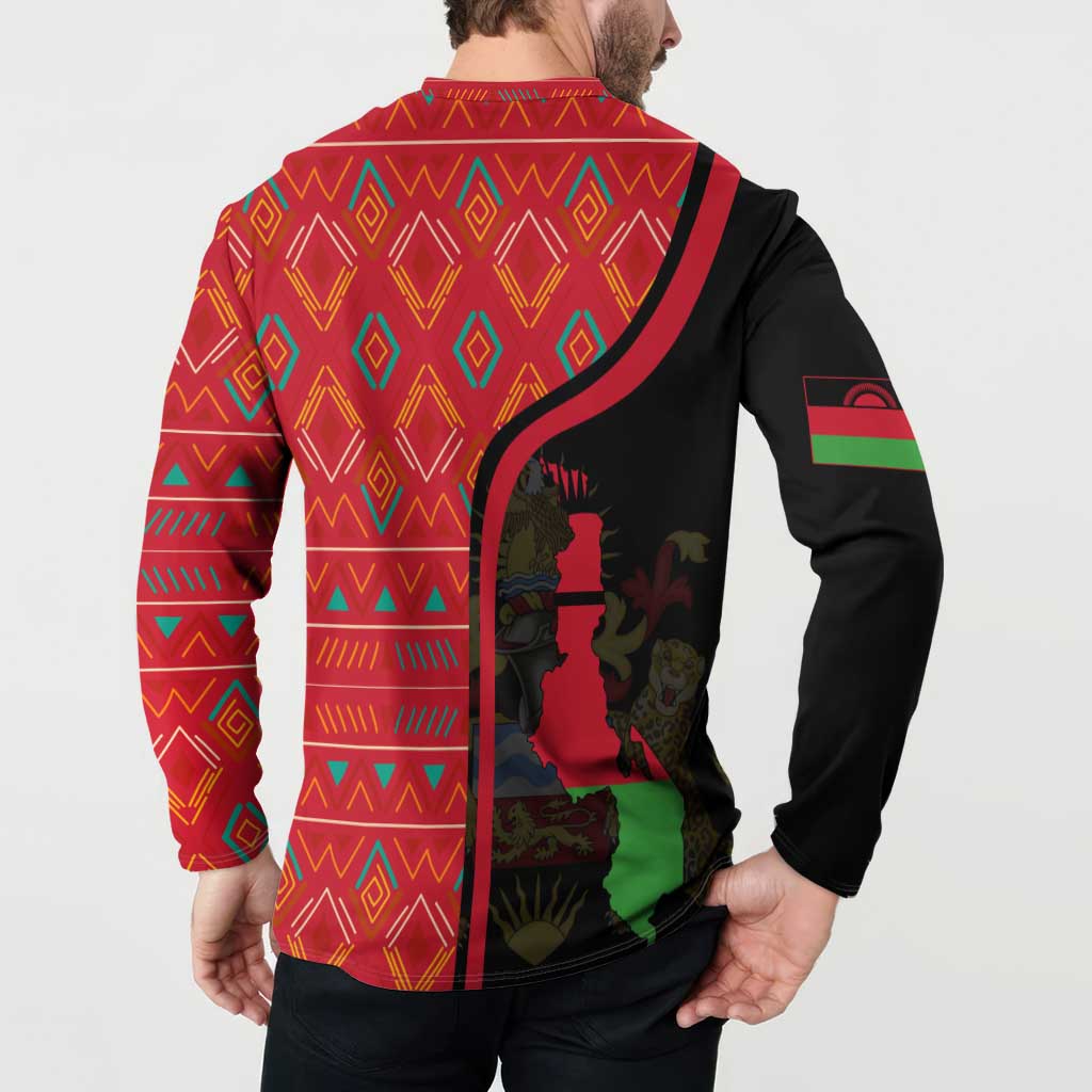 Malawi Patterns Button Sweatshirt Blended with Flag Colors & National Emblem - Cultural Fusion Design