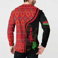 Malawi Patterns Button Sweatshirt Blended with Flag Colors & National Emblem - Cultural Fusion Design
