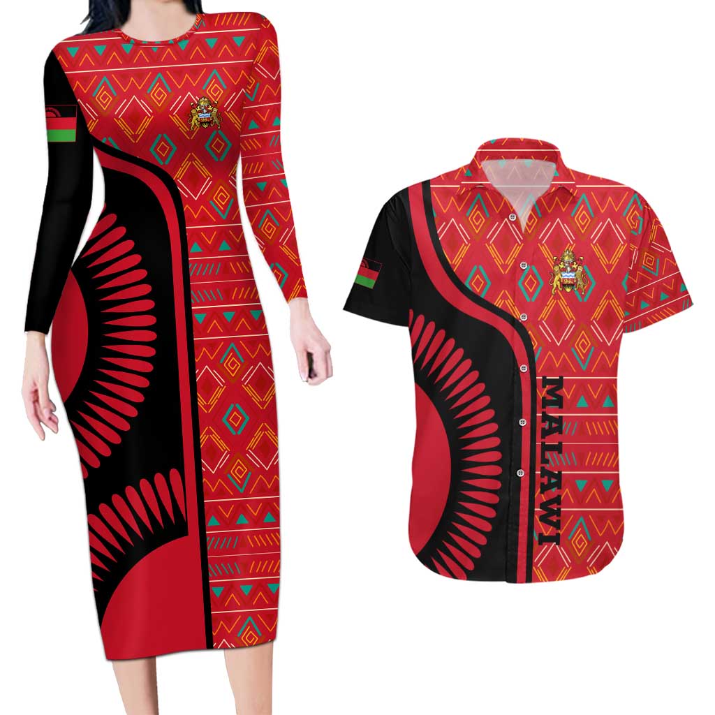 Malawi Patterns Couples Matching Long Sleeve Bodycon Dress and Hawaiian Shirt Blended with Flag Colors & National Emblem - Cultural Fusion Design