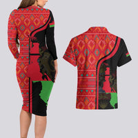 Malawi Patterns Couples Matching Long Sleeve Bodycon Dress and Hawaiian Shirt Blended with Flag Colors & National Emblem - Cultural Fusion Design