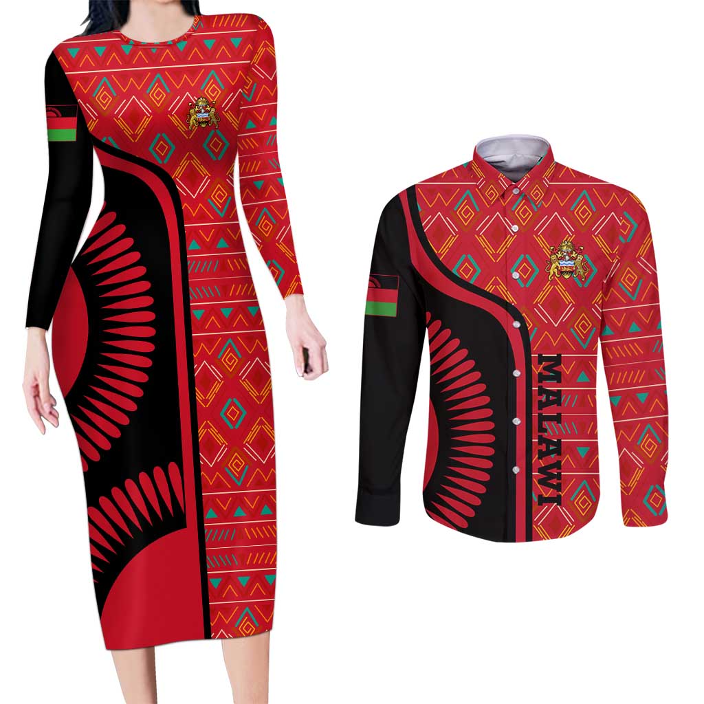 Malawi Patterns Couples Matching Long Sleeve Bodycon Dress and Long Sleeve Button Shirt Blended with Flag Colors & National Emblem - Cultural Fusion Design