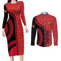 Malawi Patterns Couples Matching Long Sleeve Bodycon Dress and Long Sleeve Button Shirt Blended with Flag Colors & National Emblem - Cultural Fusion Design