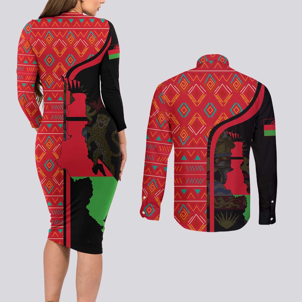 Malawi Patterns Couples Matching Long Sleeve Bodycon Dress and Long Sleeve Button Shirt Blended with Flag Colors & National Emblem - Cultural Fusion Design