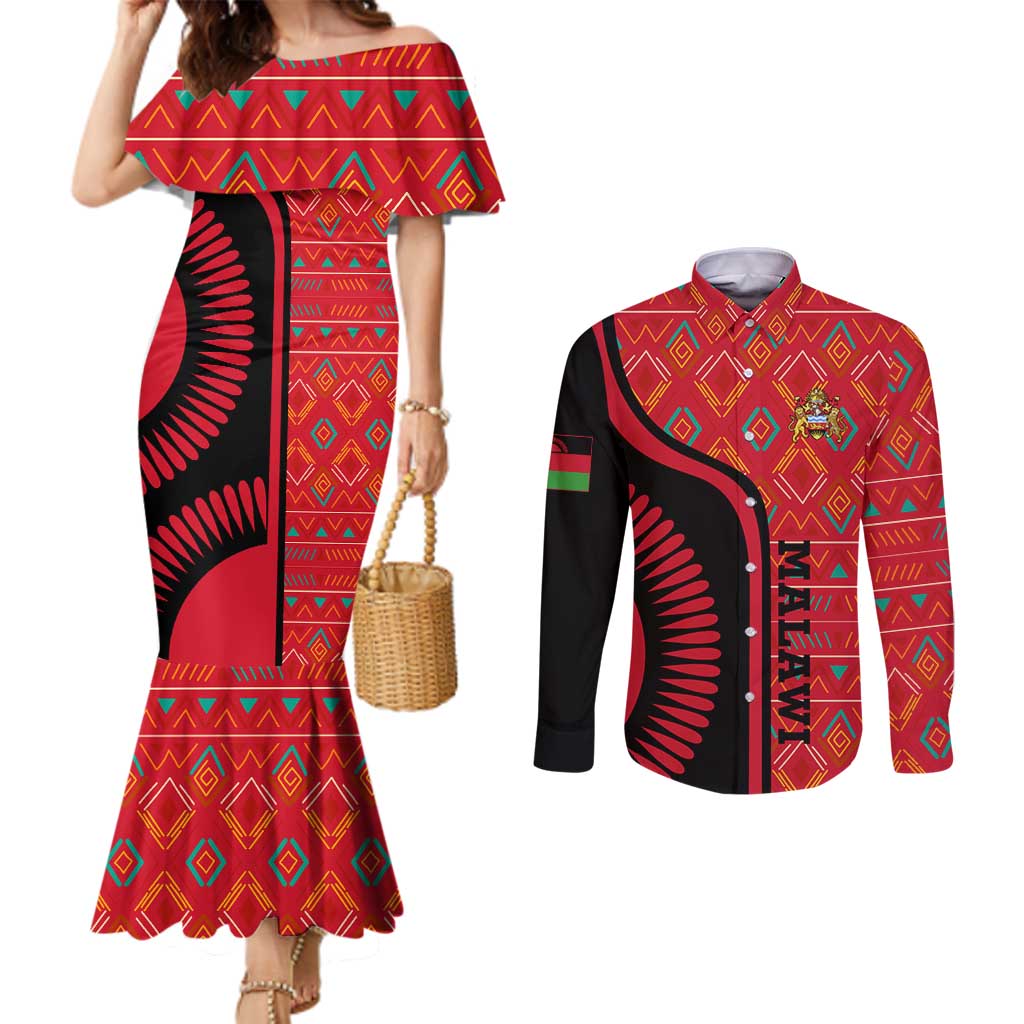 Malawi Patterns Couples Matching Mermaid Dress and Long Sleeve Button Shirt Blended with Flag Colors & National Emblem - Cultural Fusion Design
