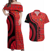 Malawi Patterns Couples Matching Off Shoulder Maxi Dress and Hawaiian Shirt Blended with Flag Colors & National Emblem - Cultural Fusion Design