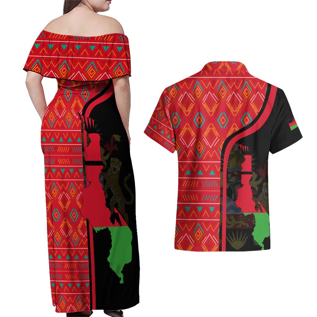 Malawi Patterns Couples Matching Off Shoulder Maxi Dress and Hawaiian Shirt Blended with Flag Colors & National Emblem - Cultural Fusion Design