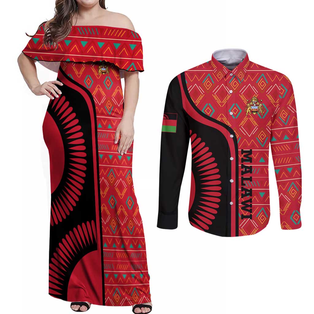 Malawi Patterns Couples Matching Off Shoulder Maxi Dress and Long Sleeve Button Shirt Blended with Flag Colors & National Emblem - Cultural Fusion Design