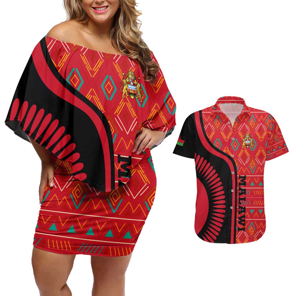 Malawi Patterns Couples Matching Off Shoulder Short Dress and Hawaiian Shirt Blended with Flag Colors & National Emblem - Cultural Fusion Design