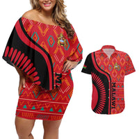 Malawi Patterns Couples Matching Off Shoulder Short Dress and Hawaiian Shirt Blended with Flag Colors & National Emblem - Cultural Fusion Design