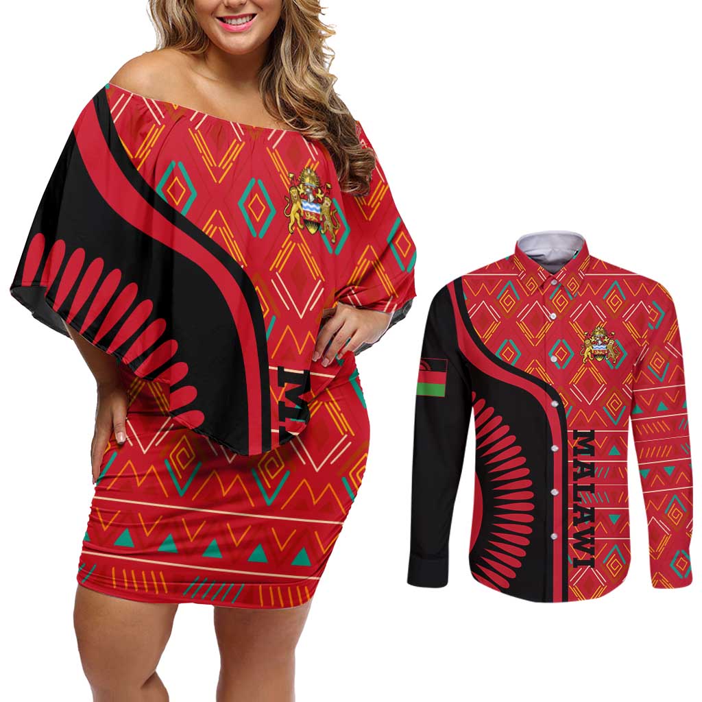 Malawi Patterns Couples Matching Off Shoulder Short Dress and Long Sleeve Button Shirt Blended with Flag Colors & National Emblem - Cultural Fusion Design