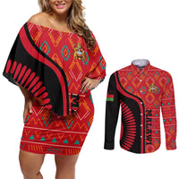 Malawi Patterns Couples Matching Off Shoulder Short Dress and Long Sleeve Button Shirt Blended with Flag Colors & National Emblem - Cultural Fusion Design