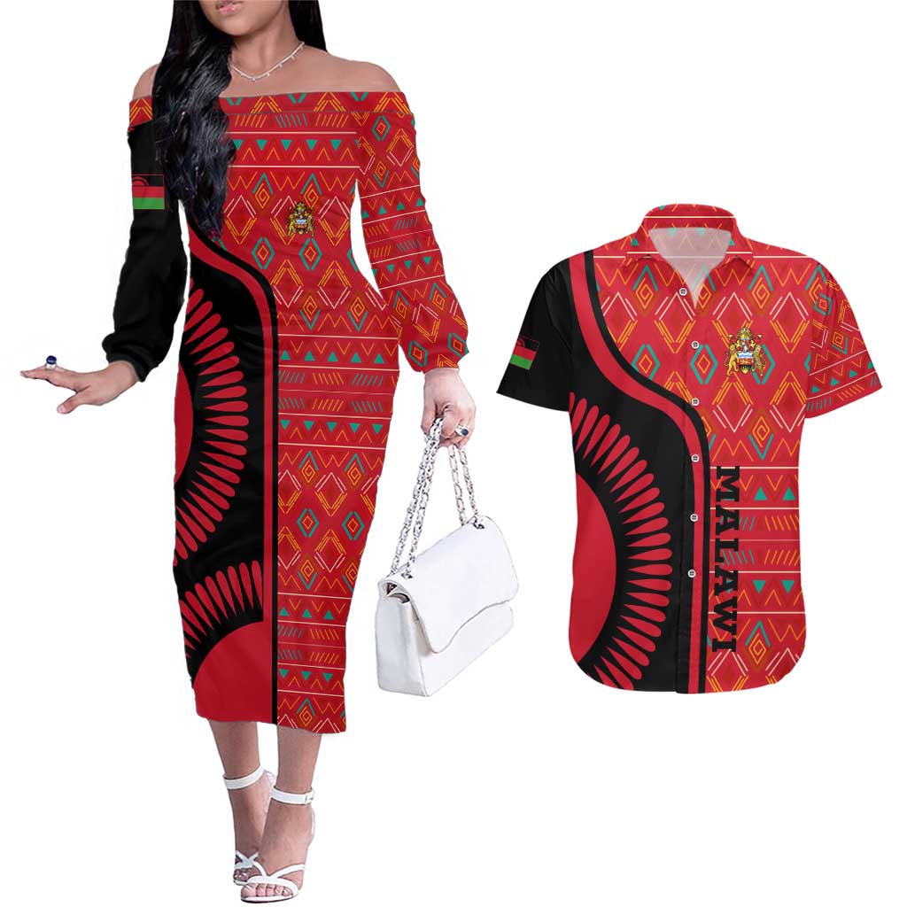 Malawi Patterns Couples Matching Off The Shoulder Long Sleeve Dress and Hawaiian Shirt Blended with Flag Colors & National Emblem - Cultural Fusion Design